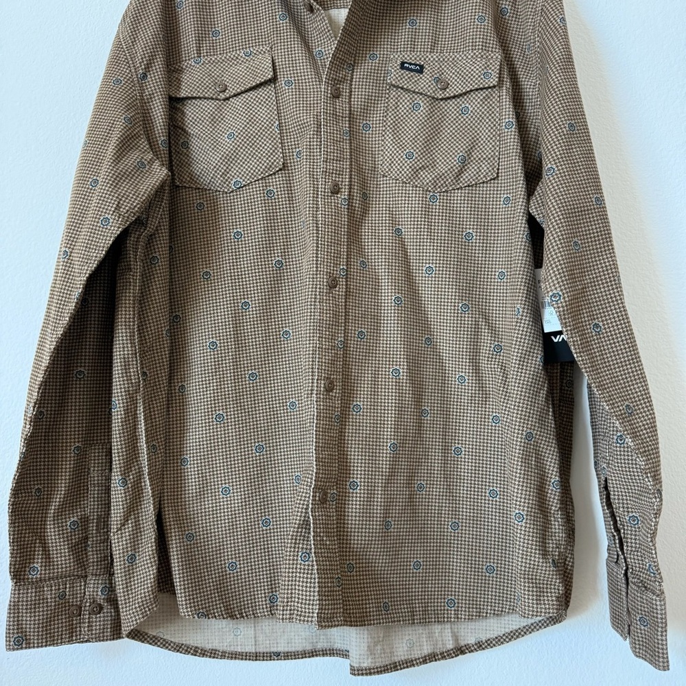 RVCA Brown Houndstooth Button Up Freeman Corduroy Long 100% Cotton Sleeve XXL - Picture 7 of 16